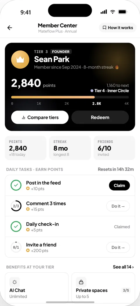 Points, streaks, and member rewards on mobile