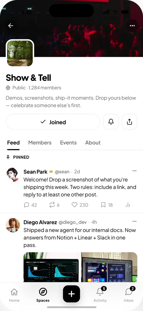 Ein Community-Space in der Mateflow-App auf einem Smartphone
