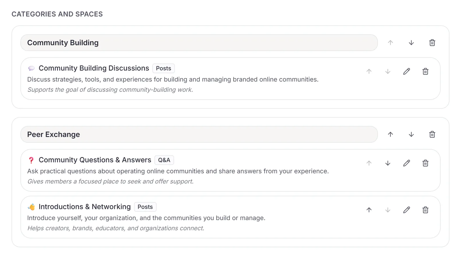 The AI setup draft built from mateflow.com: under Categories and spaces, a Community Building category with a Community Building Discussions posts space, and a Peer Exchange category with a Community Questions & Answers Q&A space and an Introductions & Networking posts space. Each space shows a description, why it was suggested, and controls to reorder, edit or delete it.