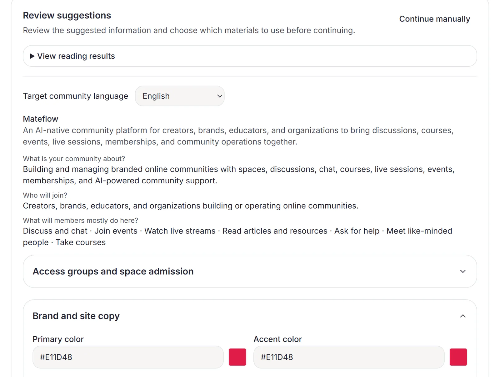 The Review suggestions step after reading mateflow.com: the community name Mateflow with a one-line description, prefilled answers for what the community is about, who will join and what members will mostly do, and a Brand and site copy panel suggesting #E11D48 as the primary and accent color.
