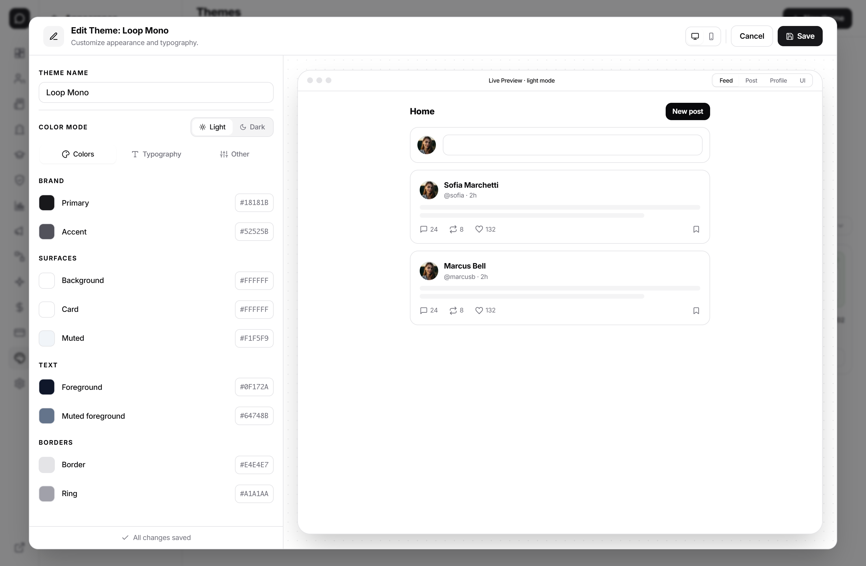 Theme Builder β colors, typography, layout