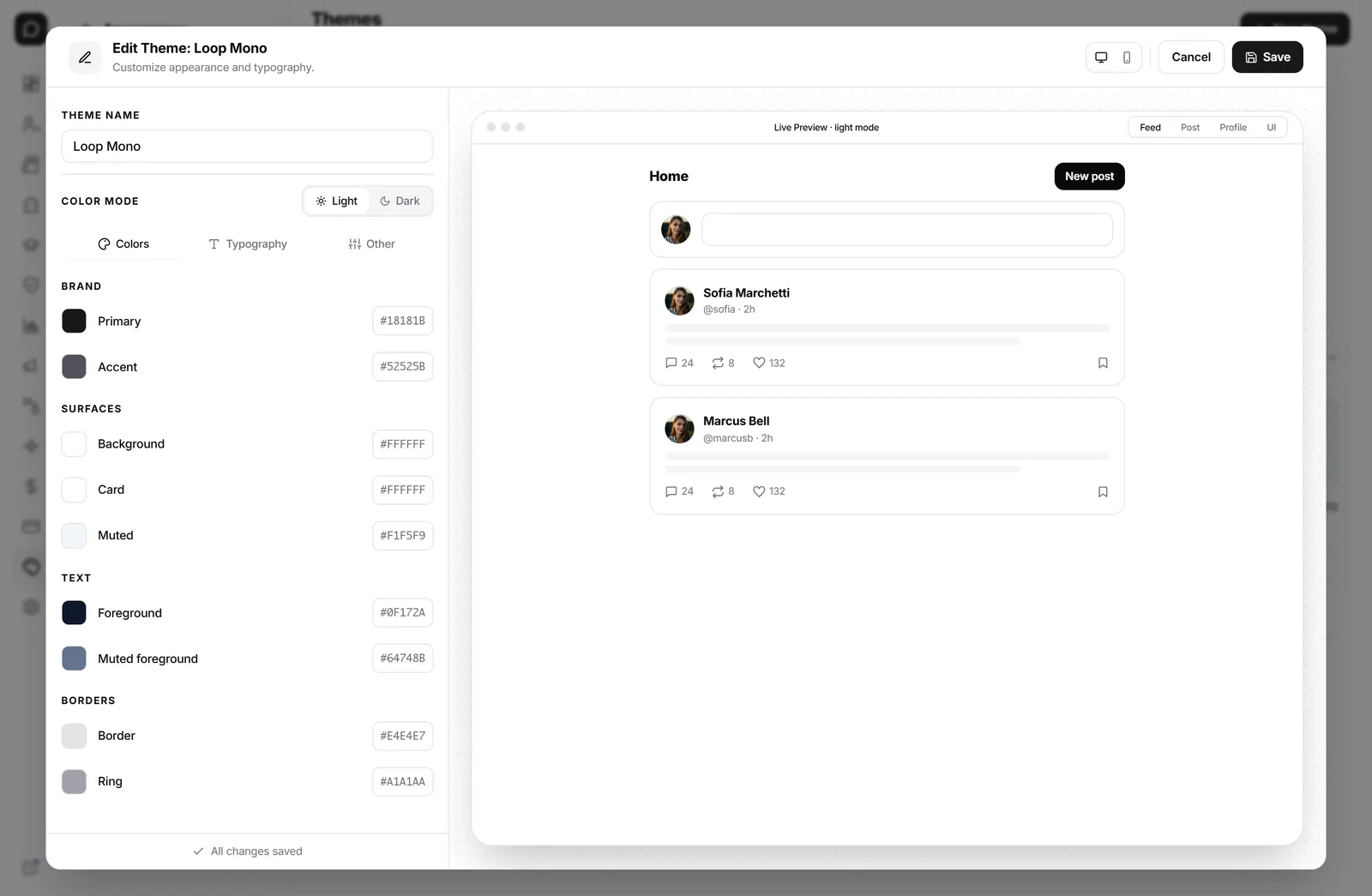 Mateflow 테마 편집기. 테마 이름 입력란, 라이트·다크 모드 전환, 브랜드·표면·텍스트·테두리 토큰별로 묶인 색상 코드 입력란이 있고, 옆에는 값이 바뀔 때마다 다시 그려지는 커뮤니티 피드 실시간 미리보기가 있다.