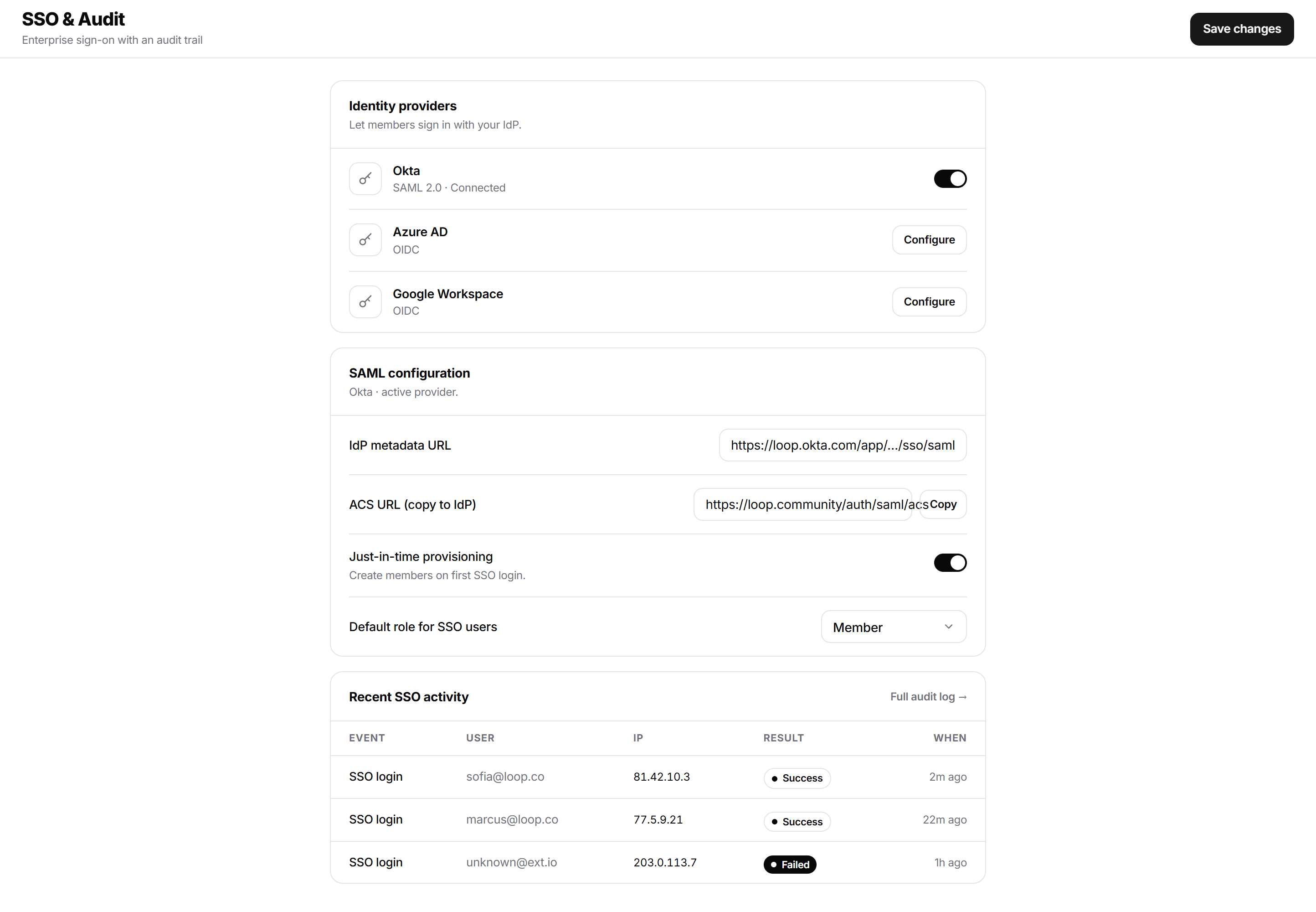 SSO & Audit — SAML / OIDC identity providers, JIT provisioning, and a sign-in audit log