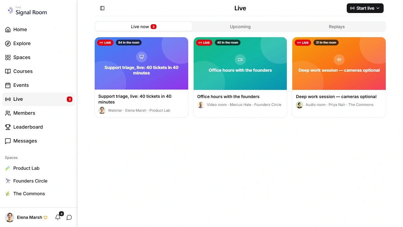 The Mateflow Live page: Live now, Upcoming and Replays tabs above three session cards, each carrying a red LIVE badge and a live audience count over its cover, with the host and the space it belongs to named underneath, and a Start live button in the corner.