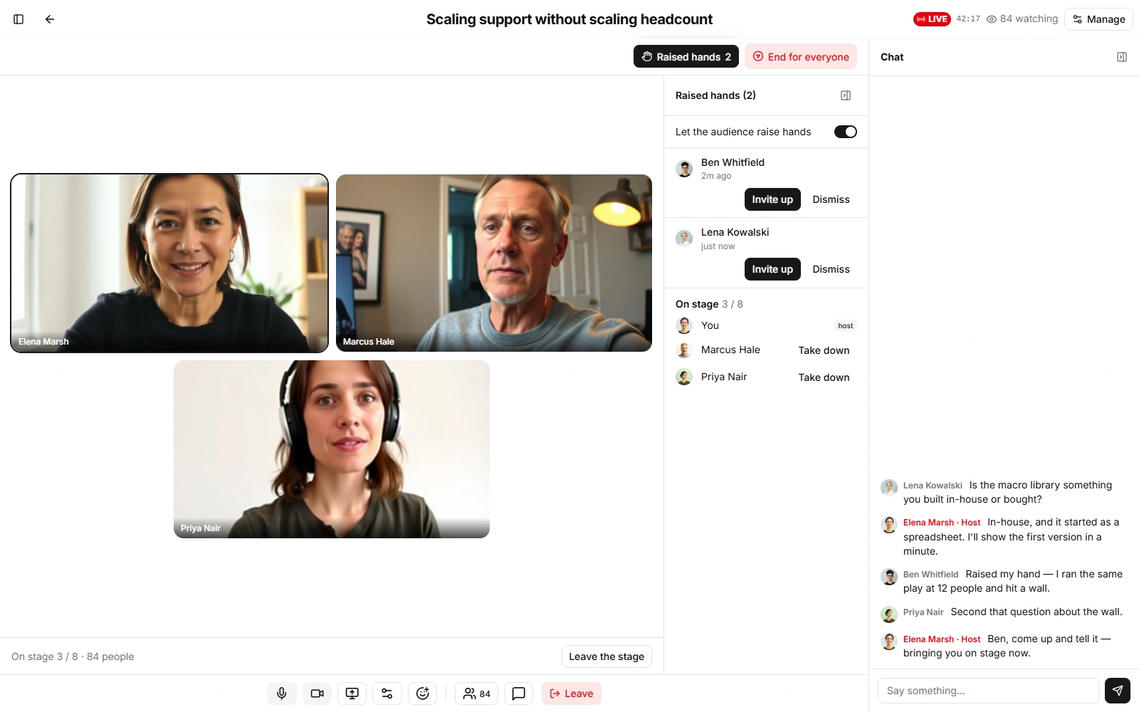 A webinar in progress: three speakers on stage with their cameras on, a LIVE badge and elapsed time above them, a raised-hands panel listing two audience members with an Invite up button beside each and the on-stage roster below, a chat panel where the host's messages are tagged Host, and a control bar with microphone, camera, screen share, reactions, participants and leave.