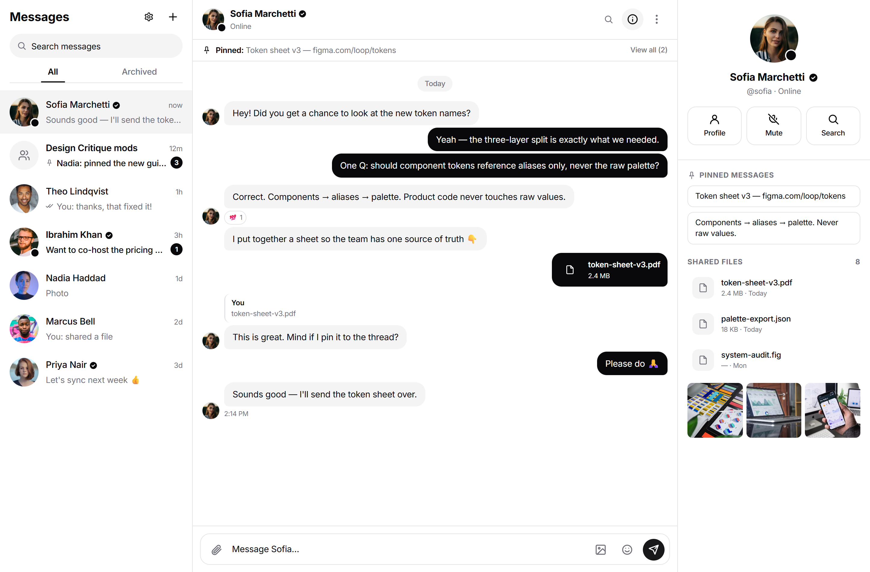 Real-time DMs & group chats — threads, files, pins, and search
