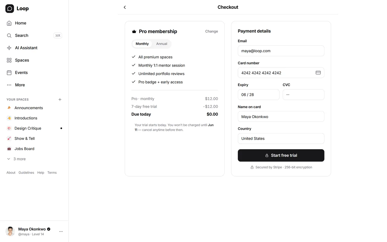 The member checkout: a membership with a monthly and annual toggle, its included benefits, and an itemised total.